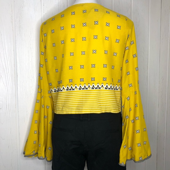 W Yellow Boho Printed Cropped Top Bell Sleeves L NWT Bollywood - Picture 3 of 9